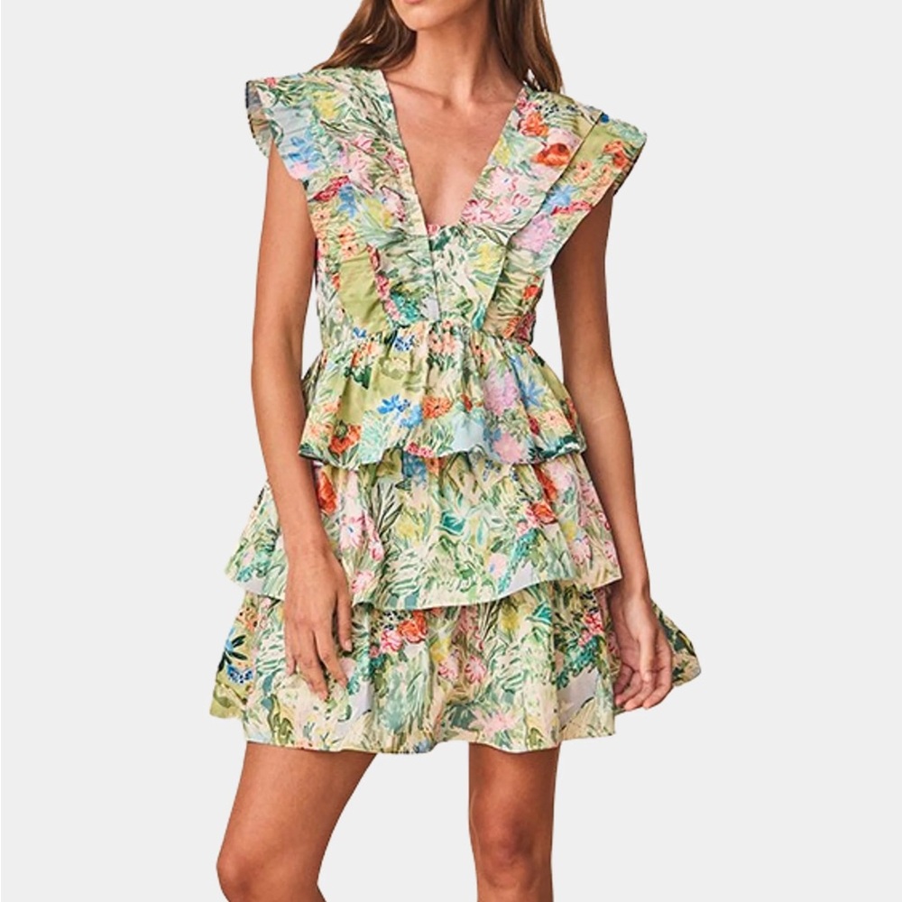 Hunter Bell Pamela Tiered Floral Ruffle Mini Dress in Green Floral